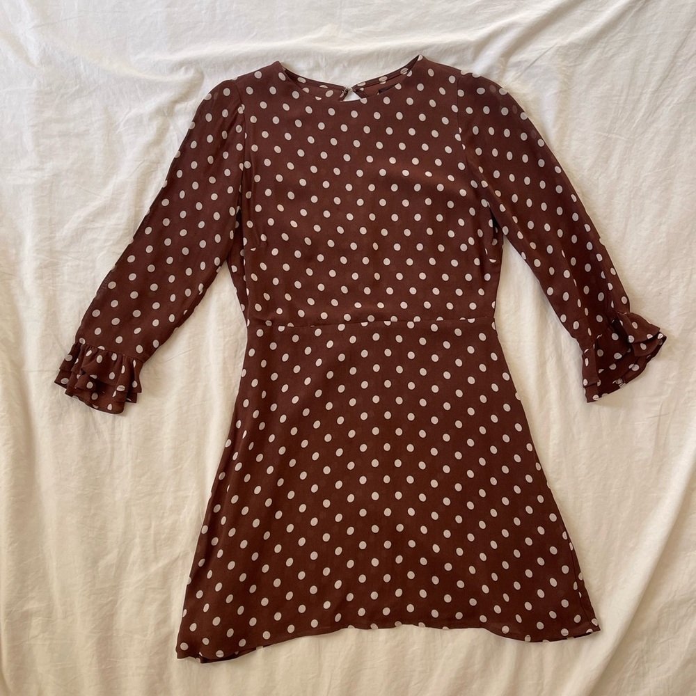 Reformation Brown Polka Dot A Line 3/4 Ruffle Sleeve Mini Dress